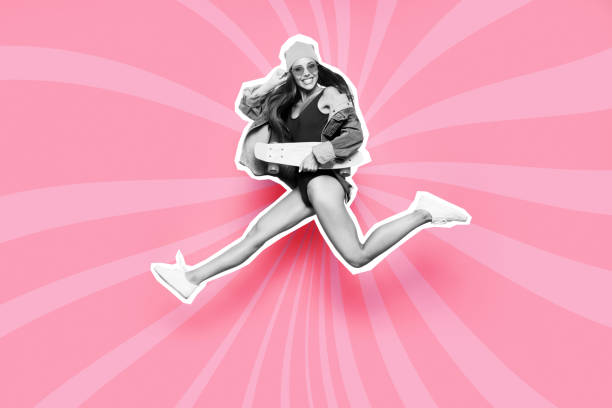 Full length body size side profile she her lady skateboard funky fly air mixed grey paint illustration sport life placard get fit now idea isolated vortex optical sunbeam pink lines drawing background