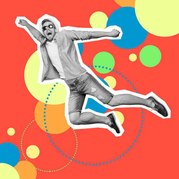 istock Portrait he his him guy jump fly help save human people futuristic stylized illustration design shirt jeans denim painted into grey isolated colored circles red yellow blue green drawing background 1147780834