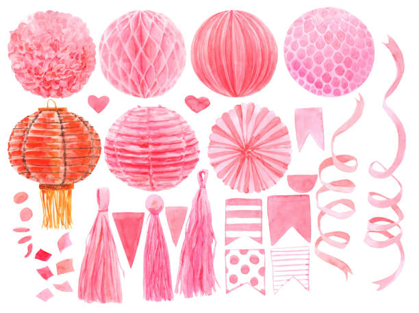 Pink paper lantern watercolor illustration Pink paper lantern watercolor illustration. Chinese New Year decor isolated for fabric, wrapping paper, cards, invitations and design of children's parties and birthdays, celebrations, baby shower chinese lampion stock illustrations