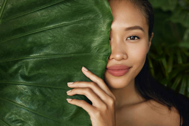 cara de belleza. modelo mujer con maquillaje natural detrás de hoja verde - angelica herb plant organic fotografías e imágenes de stock