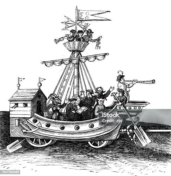 Carnival In Nuremberg Dancing With Masks In A Pirate Ship Schembartläufer Stock Illustration - Download Image Now