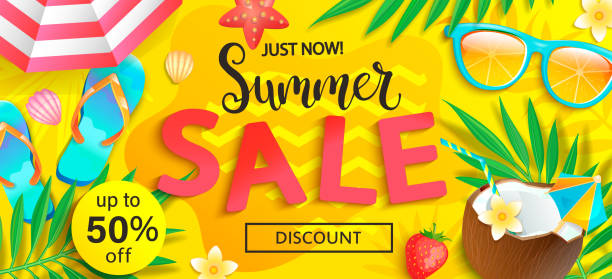 Summer sale, just now discount banner. Summer sale, just now discount banner. Promote up to 50 per cent price off. Invitation for new mid and end of season offers. Template for your design in shops, stores, retails. Vector illustration. travel refund stock illustrations