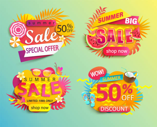 Set of summer sale and discounts stickers. Set of summer sale and discount stickers.Limited time promotion and special offer banner.Invitation for online shopping with 50 percent price off,template for design.Clearance for Mid or end of season business party stock illustrations