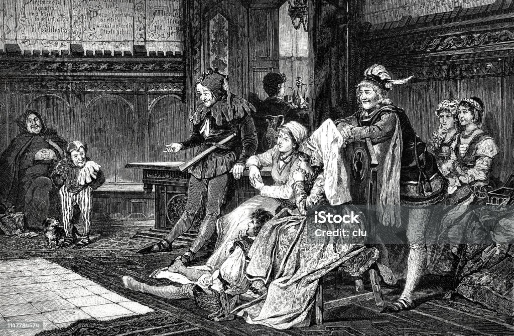 Fools perform a play in the royal castle Illustration from 19th century Archival stock illustration