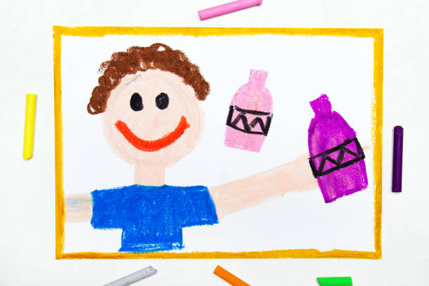 istock Colorful drawing: the smiling boy is holding  bottle with his hands 1147784659