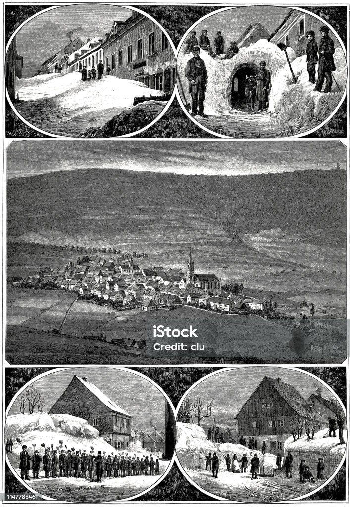 Impressions from Oberwiesenthal, Ore Mountains Illustration from 19th century Woodland stock illustration