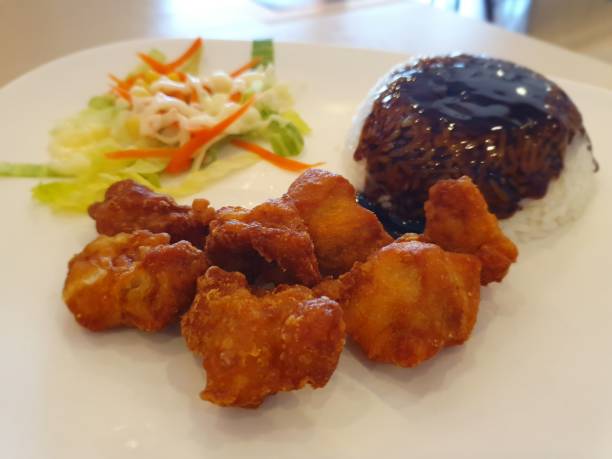 istock Fried chicken with steamed rice in white plate 1147785535
