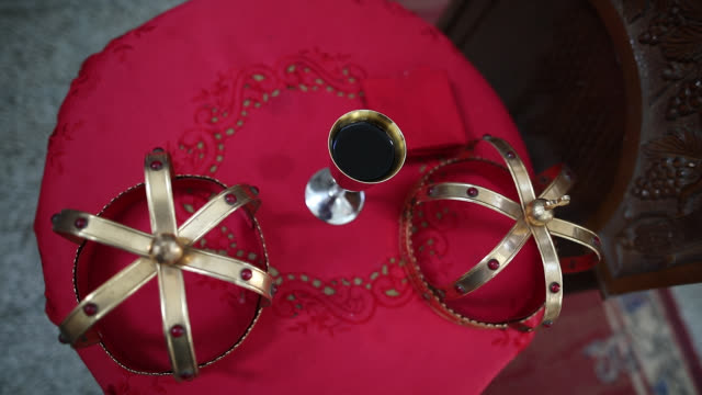 Wedding crowns and wine in Orthodox church