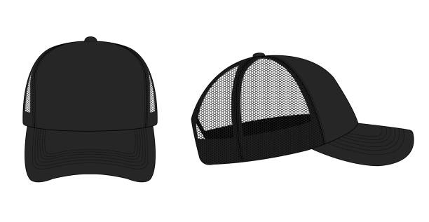 trucker cap / mesh cap template illustration (black) trucker cap / mesh cap template illustration (black) cap hat illustrations stock illustrations