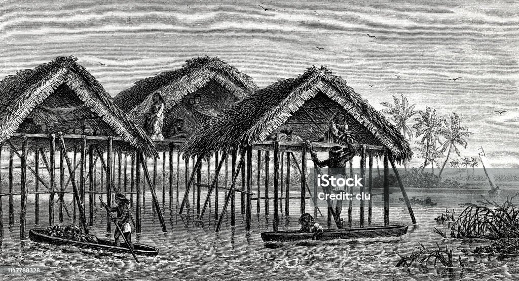 Lake dwellings of the Indians in the lake of Maracaibo Illustration from 19th century Lake stock illustration