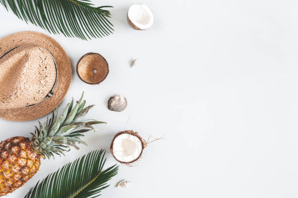 istock Summer composition. Tropical palm leaves, hat, coconut, pineapple on pastel gray background. Summer concept. Flat lay, top view, copy space 1147789119