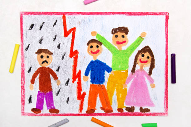istock Colorful drawing:  Sad lonely boy and smiling happy friend 1147790520