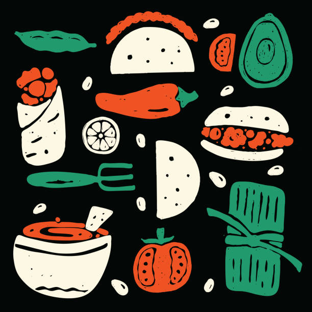 Mexican street food. Hand drawn illustration, made in vector, isolated on black background. Mexican street food. Hand drawn illustration, made in vector, isolated on black background tamales stock illustrations