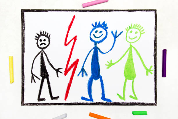 Colorful drawing:  Sad lonely boy and smiling happy friend