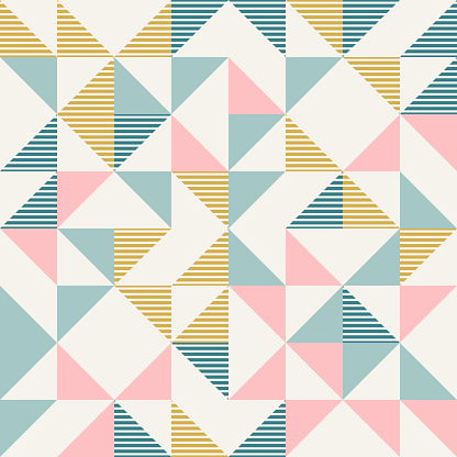 Abstract geometric diamond shapes geo print. Seamless vector pattern. Mint, blush pink, mustard yellow, teal retro colors background. Fashion fabric patchwork design. Retro mid century wallpapers.