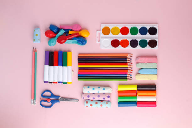 istock School toolks and various colored stationery. Back to school concept, flat lay background 1147801531