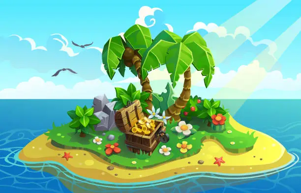 Vector illustration of Treasure Island with palms and flowers.