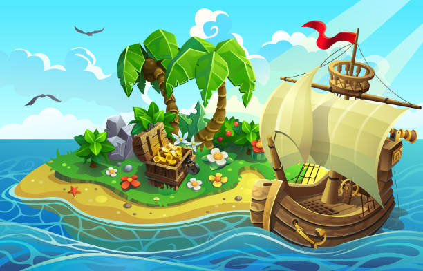 Wooden ship near the tropical island Wooden ship near the tropical island with palms and treasure chest. vector illustration. tropical beach and clouds scene stock illustrations