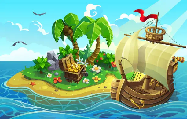 Vector illustration of Wooden ship near the tropical island
