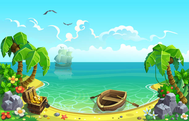 Treasure chest in the Gulf of the tropical island. Treasure chest in the Gulf of the tropical island. Vector illustration. bay cartoon stock illustrations