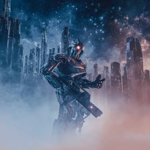 3D illustration of science fiction scene with armoured military robot with laser rifle patrolling futuristic city ruins shrouded in mist