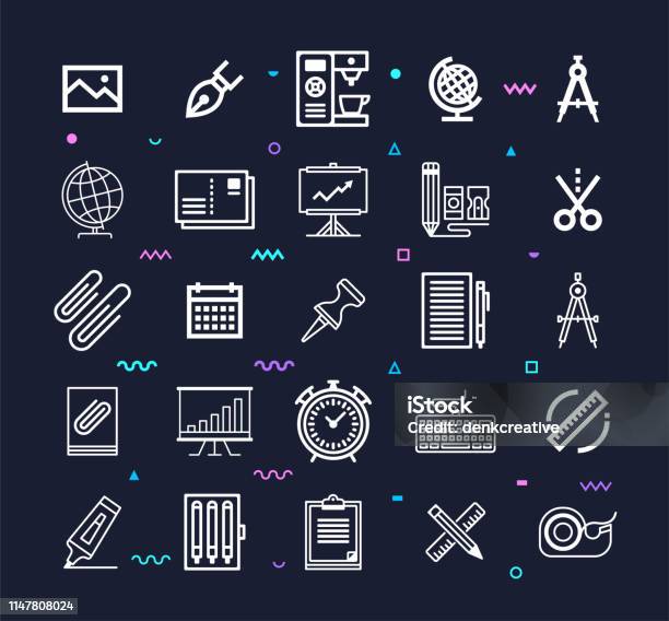 Office Stationery Supplies Line Style Vector Icon Set Stock Illustration - Download Image Now