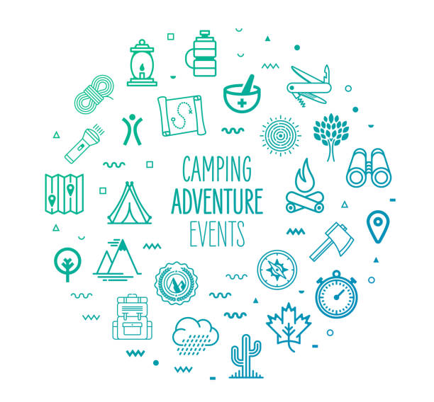 camping-adventure-events outline style infographisches design - wandern grafiken stock-grafiken, -clipart, -cartoons und -symbole