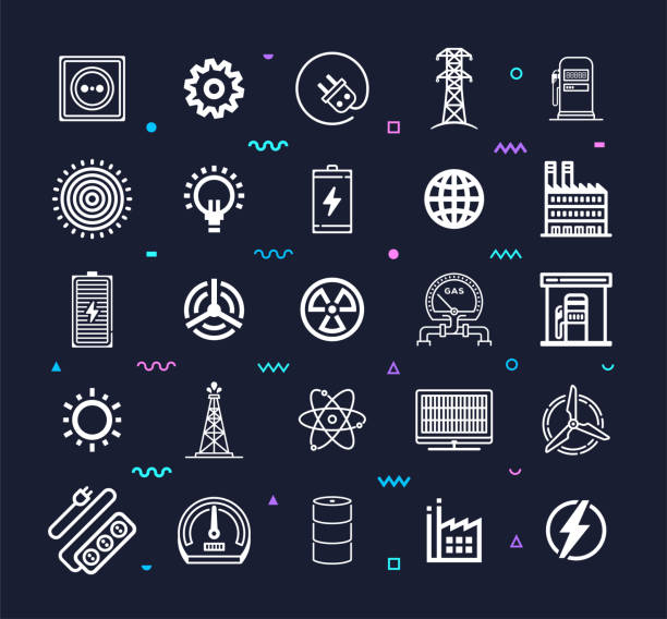 Fuel Energy & Natural Resources Line Style Vector Icon Set Fuel energy and natural resources outline style symbols on dark background. Line vector icons set for infographics, mobile and web designs. electric plug dark stock illustrations