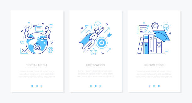 ilustraciones, imágenes clip art, dibujos animados e iconos de stock de negocios y educación-conjunto de banners web verticales estilo diseño de línea - mujeres-de-banners-verticales