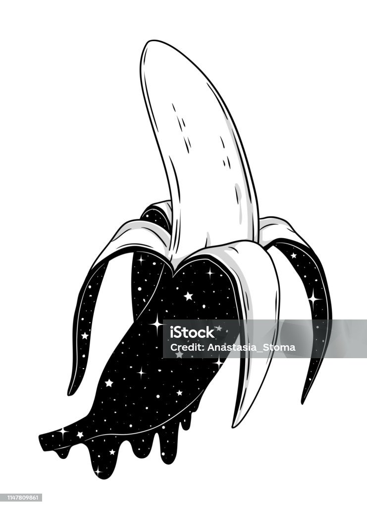 Vector illustration abstract fantasy hand-drawn banana fruit Abstract fantasy hand-drawn banana. Space vector illustration for t-shirt, coloring book, tattoo, postcard. Abstract stock vector