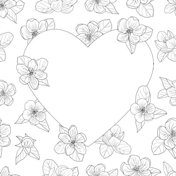 Vector illustration of Apple blossom frame, coloring page