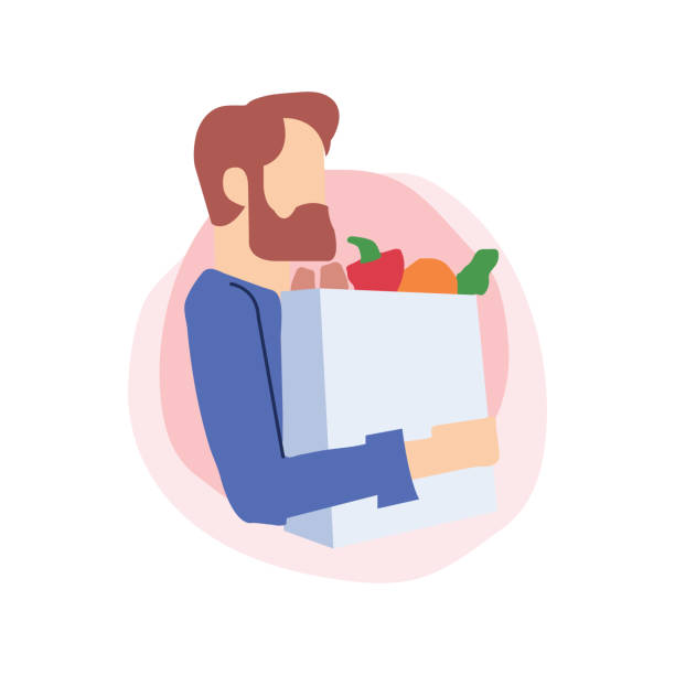 ilustrações de stock, clip art, desenhos animados e ícones de young man holding shopping bags with groceries - man eating healthy