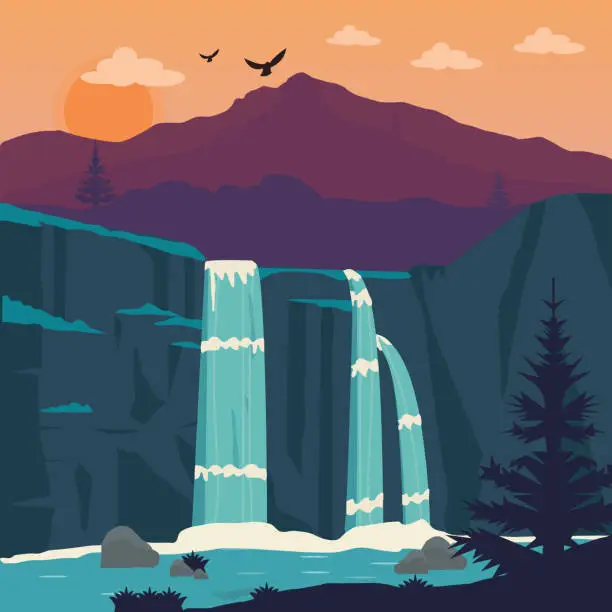 Vector illustration of Summer landscape with waterfall, forest and clouds