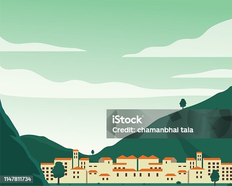 istock Flat Design Cityscape with Mountains 1147811734