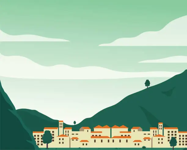 Vector illustration of Flat Design Cityscape with Mountains