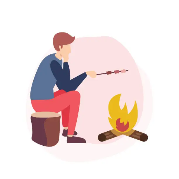 Vector illustration of Camping in forest. Young character roasting marshmallows on fire / flat editable vector illustration, clip art