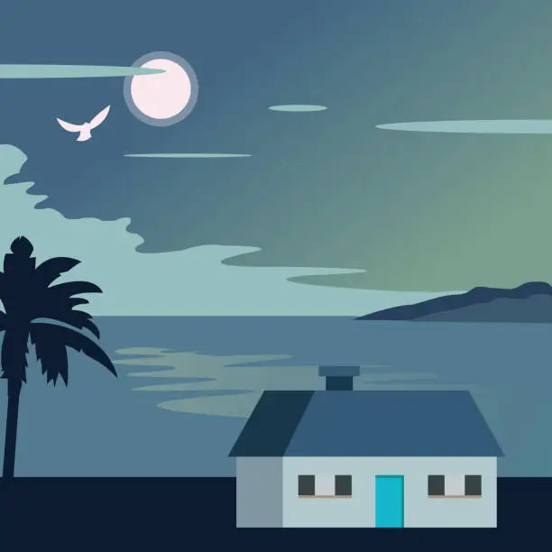 Vector illustration of Sea reflect moon at night