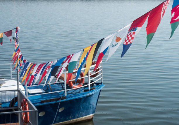 istock Colourful flags at Danube port in Drobeta-Turnu Severin, Romania 1147812569
