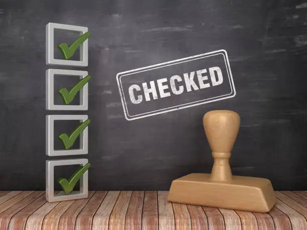 Photo of 3D Check List with CHECKED Stamp on Chalkboard Background - 3D Rendering
