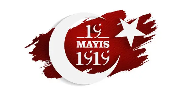 Vector illustration of 19 mayıs, Atatürk'u anma genclik ve spor bayrami, translation: (19 may 1919 Commemoration of Atatürk, Youth and Sports Day,)