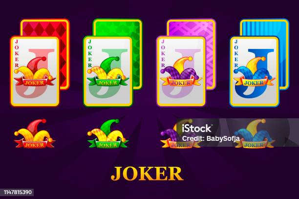Set Of Four Jokers Playing Cards Suits For Poker And Casino Colored Joker Poker Symbols For Casino And Gui Graphic Stock Illustration - Download Image Now