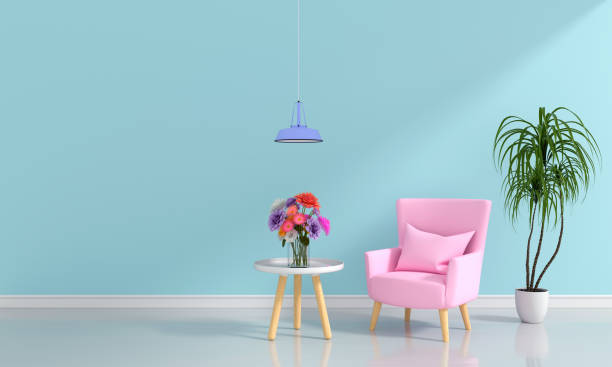 Pink sofa in light blue living room, 3D rendering