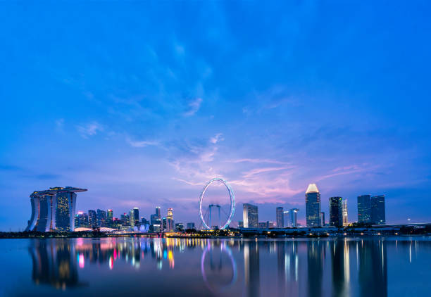 Singapore at Blue hour Panoramic view of Singapore skyline taken from Garden by the bay east after sunset. blue hour twilight photos stock pictures, royalty-free photos & images