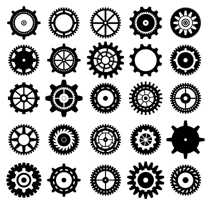 Collection of retro gear icon. Vector vintage transmission cogwheels and gears. Can be used for industrial, technical, mechanical and steampunk design. EPS8
