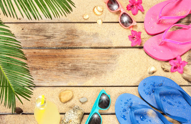 istock Beach, palm tree leaves, sand, sunglasses and flip flops 1147817769