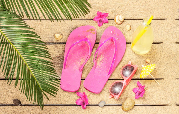 istock Beach, palm tree leaves, sand, sunglasses and flip flops 1147817770