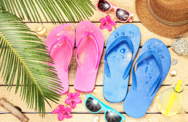 istock Beach, palm tree leaves, sand, sunglasses and flip flops 1147817772
