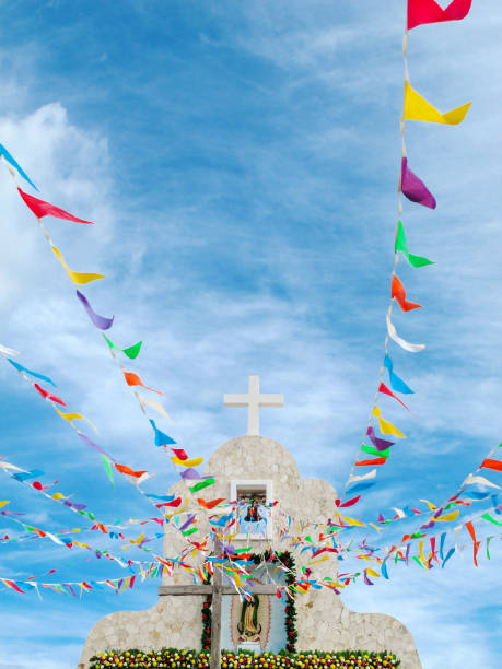 Guadalupe Chapel Catholic Church decorated for holidays, Caribbean island of Isla Mujeres, Mexico Guadalupe Chapel Catholic Church decorated for holidays, Caribbean island of Isla Mujeres, Mexico. isla mujeres stock pictures, royalty-free photos & images