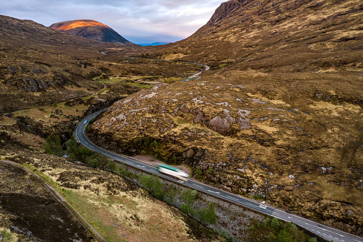 Glencoe Valley in Scottish Highlands at dusk