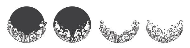 Oriental water ornamental vector. Oriental water ornate line vector isolated on gray and non background. Design in round circle shape. tattoo borders stock illustrations